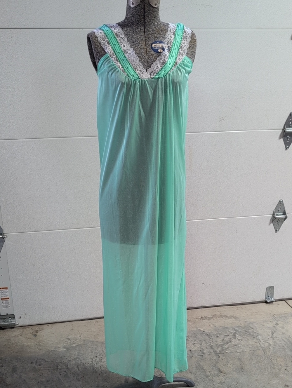 Vintage Lace Trim Mint Green Nightgown USA Union Made Small 60s 70s Nylon